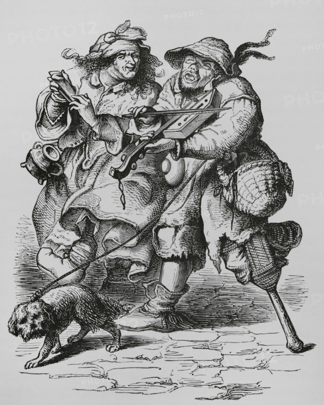 Beggar playing the fiddle, his wife accompanying him with bones, 17th-century (1878). Creator: Unknown.