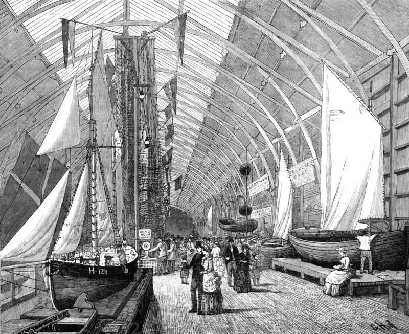 The International Fisheries Exhibition: boats and nets in the British Sea Fisheries Gallery, 1883. Creator: John Greenaway.