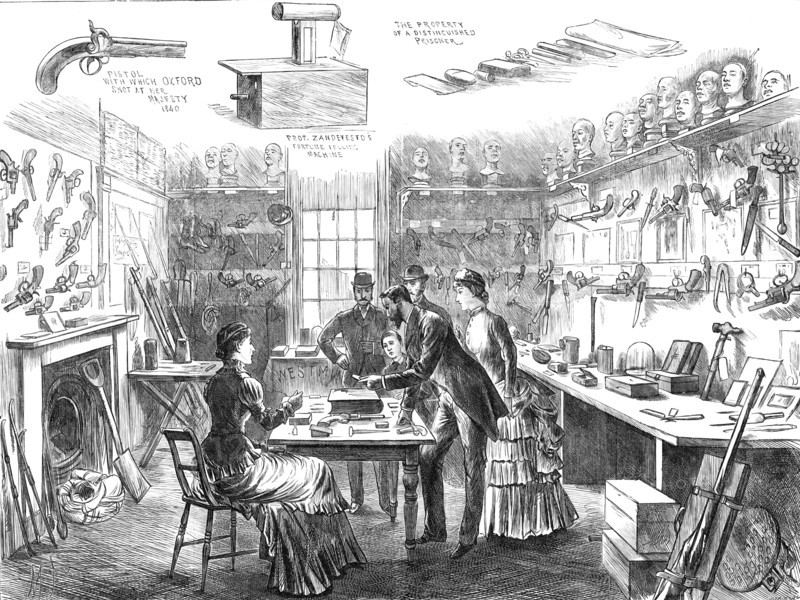 The Criminal Museum at the Convict Office, Metropolitan Police Department, Scotland-Yard, 1883. Creator: Joseph Swain.