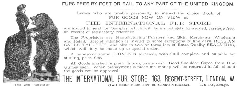 Advertisement for the International Fur Store, 1883. Creator: Unknown.