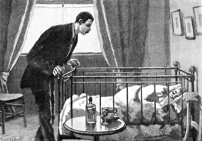 He stepped lightly to the foot of the bed, and gazed earnestly at the little occupant, 1883. Creator: R. Taylor.