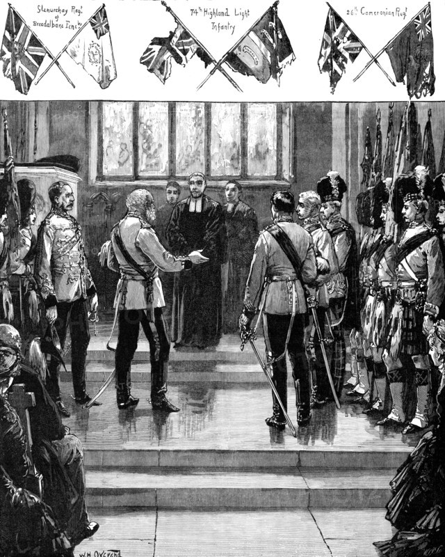 Placing the old Scottish Regimental Colours in St. Giles' Cathedral, Edinburgh, 1883. Creator: Unknown.
