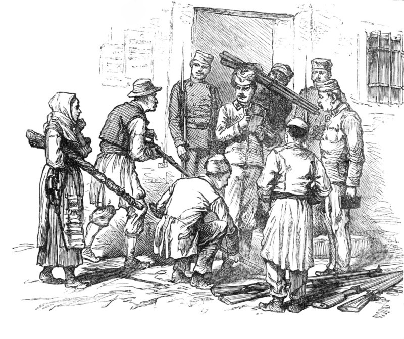 Sketches of the Insurrection in Servia; Receiving the Weapons given up, 1883. Creator: Unknown.
