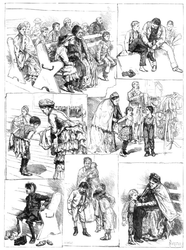 The London Samaritan Society's distribution of boots and clothing to poor children, 1883. Creator: R. Taylor.