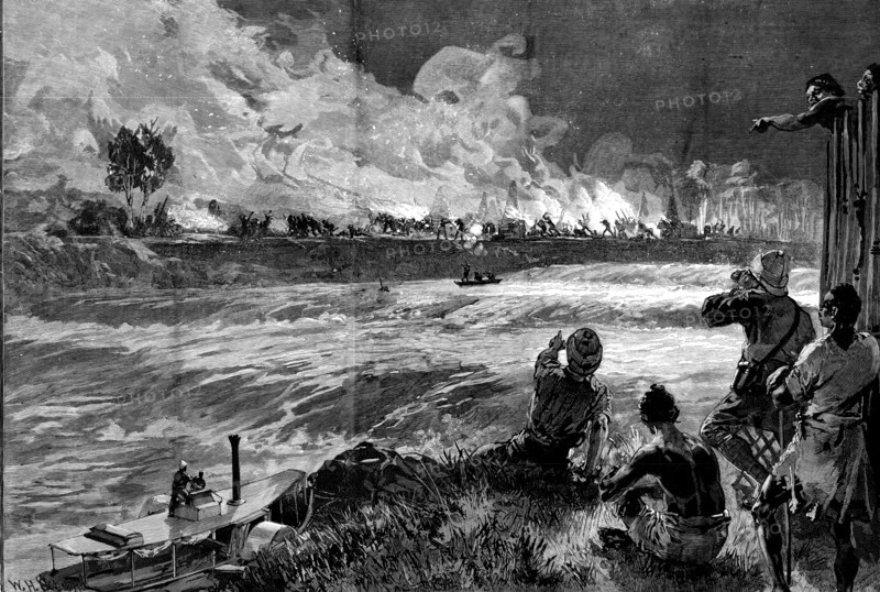 Stanley’s Emin Pasha Relief Expedition: Arabs raiding a native village on the Aruwimi..., 1890. Creator: William Heysham Overend.