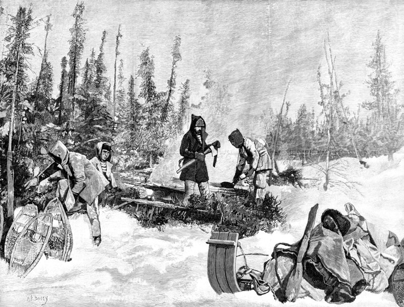 Lord Lonsdale’s Travels in North America: noonday halt, temperature 55 degrees below zero, 1890. Creator: H. F. Davey.