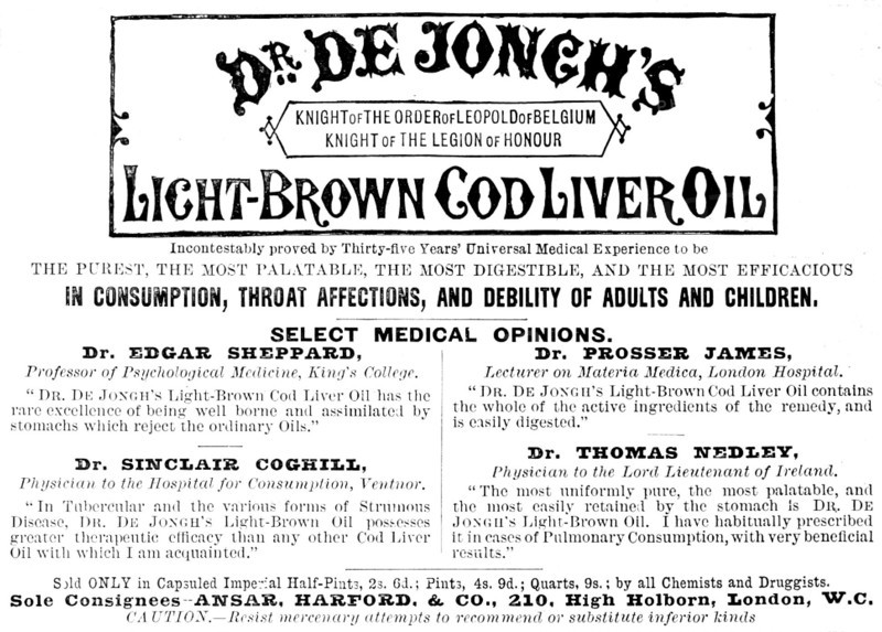 Advertisement for Dr. De Jongh’s Light-Brown Cod Liver Oil, 1890. Creator: Unknown.