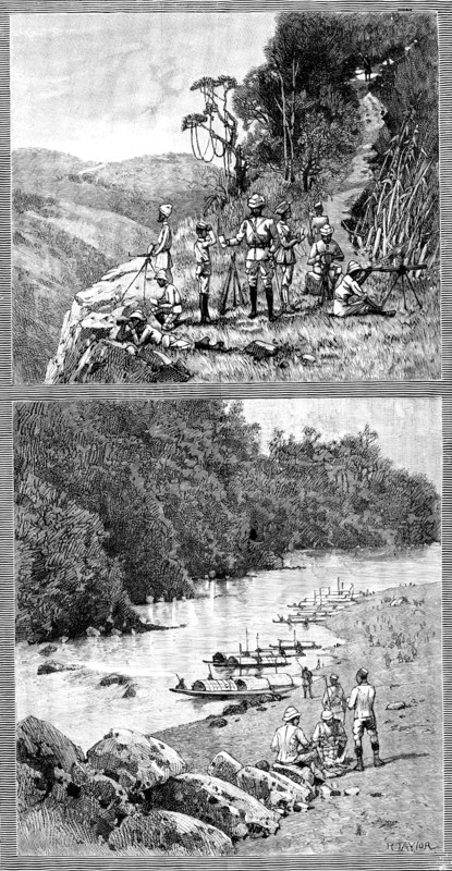 Lushai Expedition: signalling party with heliograph; encampment...on the Kurnafuli River, 1890. Creator: R. Taylor.