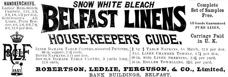 Advertisement for Belfast Linens, 1890. Creator: Unknown.