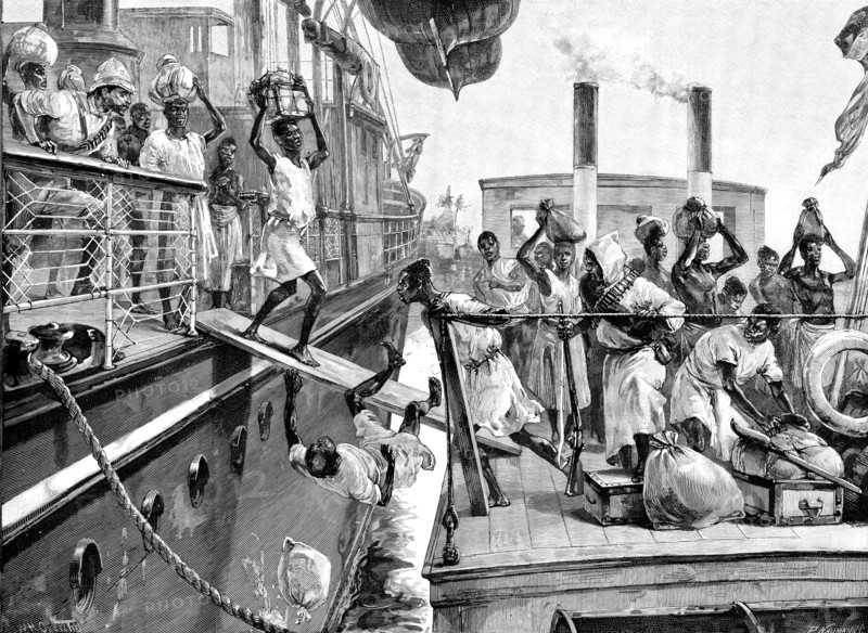 Emin Pasha Relief Expedition, Banana Point..transferring passengers to a Congo River steamboat, 1890 Creator: P Naumann.
