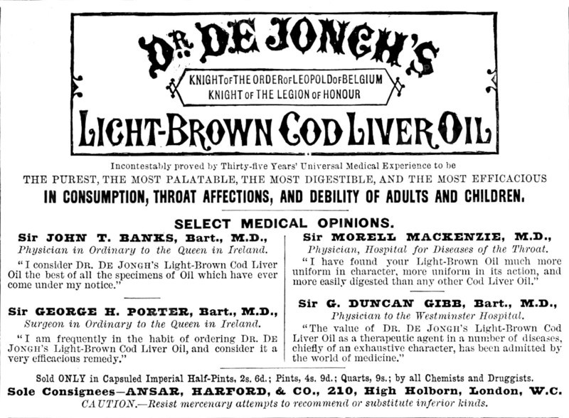 Advertisement for Dr. de Jongh’s Light-Brown Cod Liver Oil, 1890. Creator: Unknown.