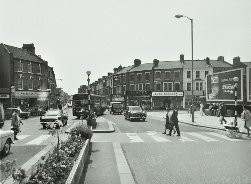 General view of Hoe Street, Walthamstow, at the junction with Church Hill and High St, London, 1970. Creator: Unknown.