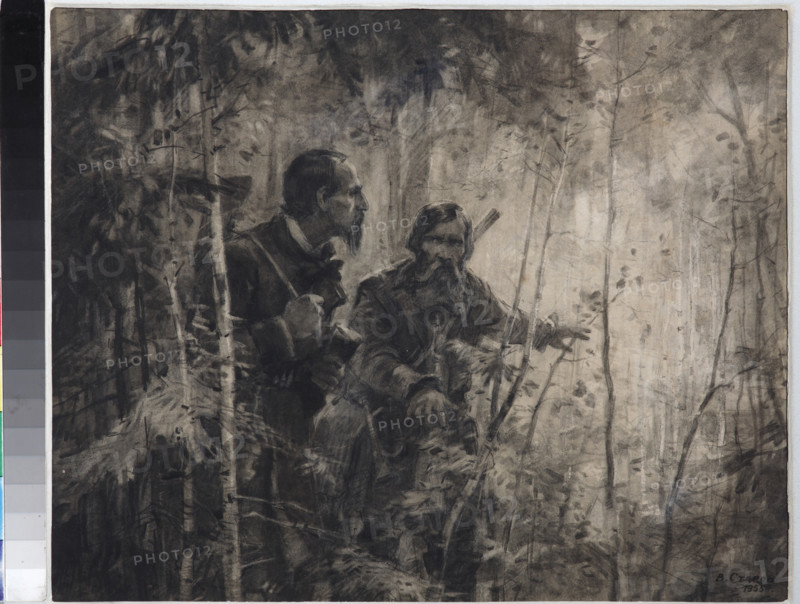 Nikolay Nekrasov with Gavrila Zakharov at hunting, 1955.