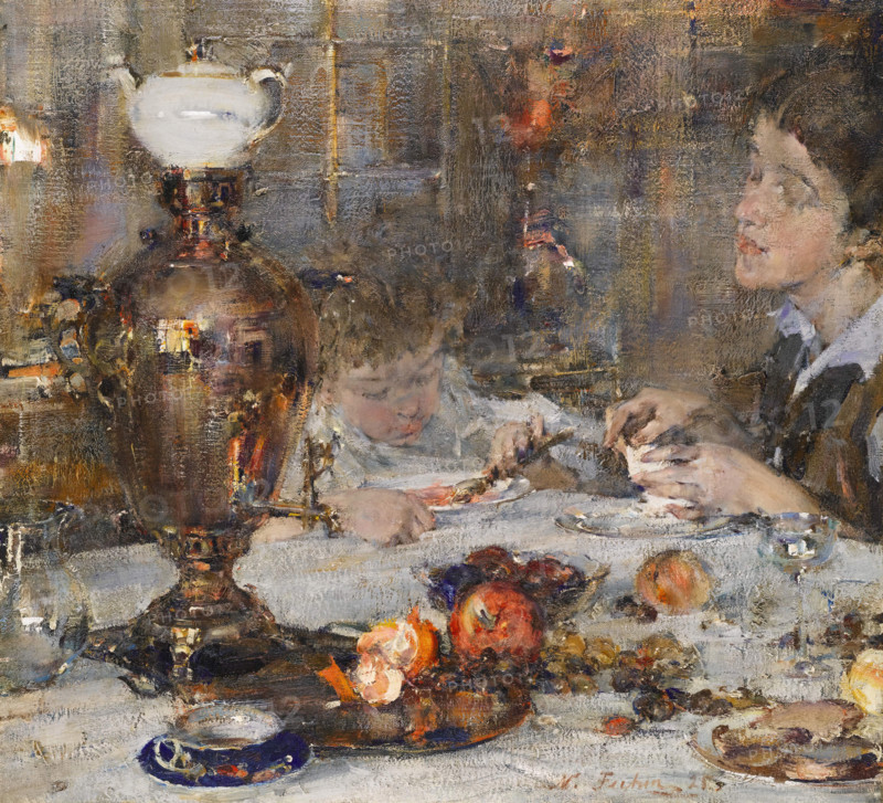 Portrait of Artist's Wife and Daughter, 1925. Creator: Nikolay Feshin.