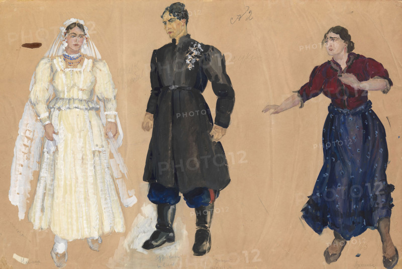 Costume design for the opera "Quiet Flows the Don" by Ivan Dzerzhinsky, c1930s?  Creator: Fyodor Fyodorovsky.