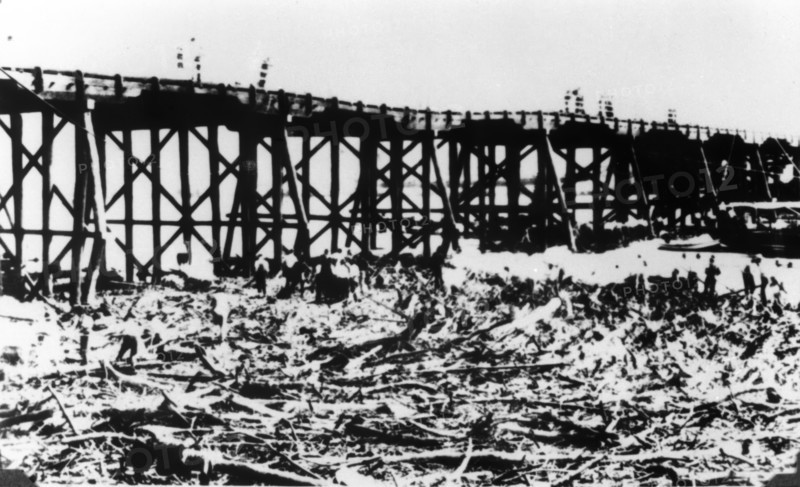 Workers below Victoria Bridge, cleaning up debris after the flood, Brisbane, 1893. Creator: Unknown.
