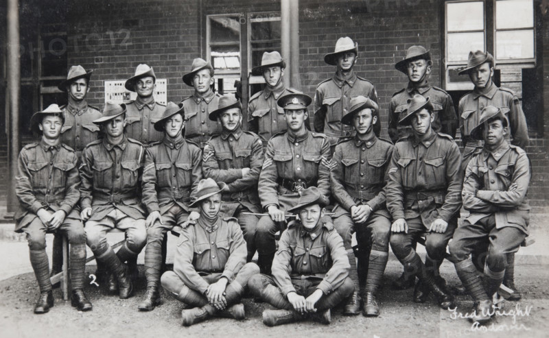 Postcard of unidentified group of soldiers, signed on the front by Fred Wright, Andover. Creator: Murphy.