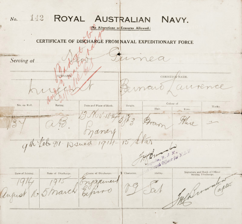 Certificate of discharge for Bernard Laurence 'Barney' Nugent from the Naval Expeditionary Force. Creator: Murphy.