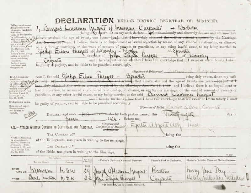 Marriage Certificate of Bernard Laurence 'Barney' Nugent and Gladys Eileen Purnell, 5 July 1924. Creator: Murphy.