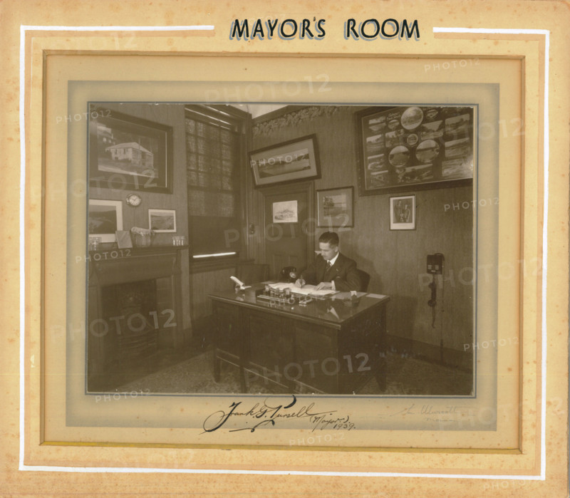 Mayor's Room; Frank G Pursell, Mayor 1939-1940 is pictured at his desk in the Mayor's room in 1939. Creator: Unknown.