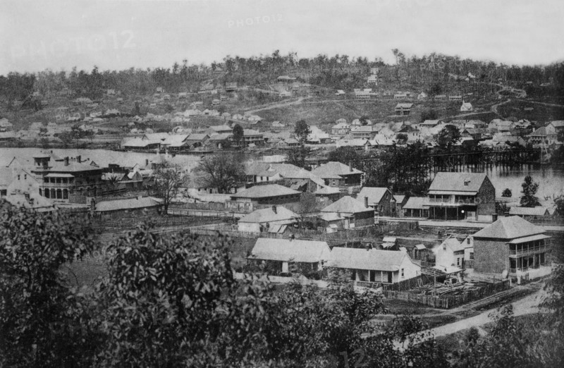 Brisbane from Observatory, showing first wooden bridge across Brisbane River c1866. Creator: Unknown.