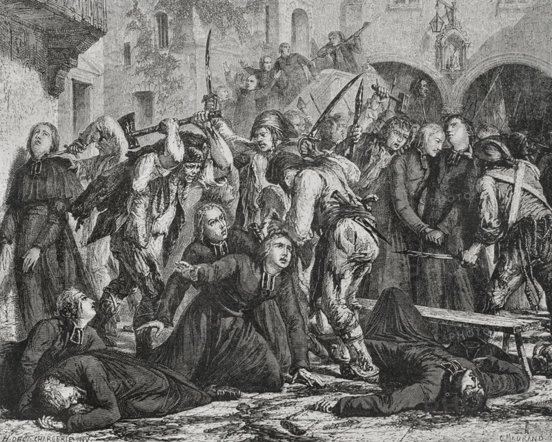 French Revolution: Slaughter of clerics, September Massacres (2 to 6 September 1792), 1876. Creator: Charles Maurand.