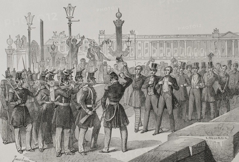 Students on the Pont de la Concorde in front of the troops, French Revolution of 1848, Paris, 1856.  Creator: Dujardin.