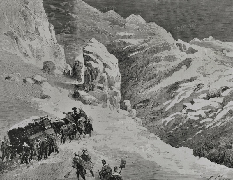 Driving the mail wagon pulled by horses during a snowstorm, Puerto de Pajares, Spain, 1878.  Creator: Bernardo Rico.