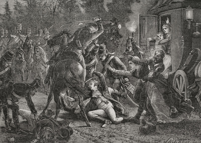 Assassination of the French plenipotentiaries at Rastatt, 28 April 1799 (1879). Creators: Felix Henri Emmanuel Philippoteaux, Fortune Meaulle.