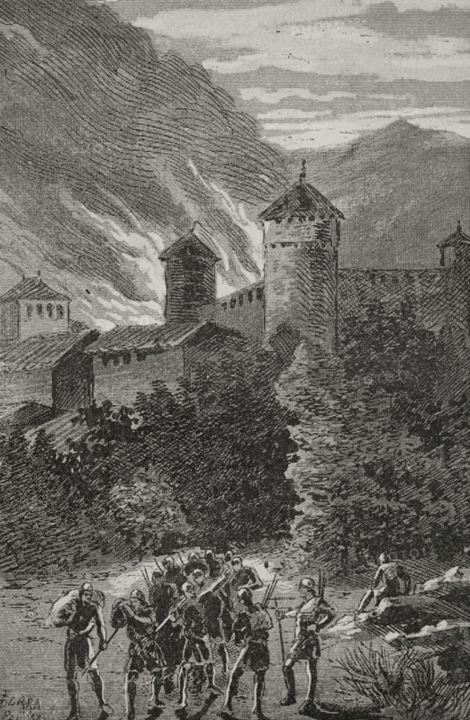 Fire of Peralada in 1285, ordered by its own lord, Dalmau de Rocabertí (d1304) when leaving...1890.  Creator: Joan Serra y Pausas.