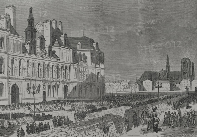 Barricades and artillery park of the Communards, Place de l'Hôtel de Ville, Paris Commune, 1871. Creator: Enrique Laporta Valor.