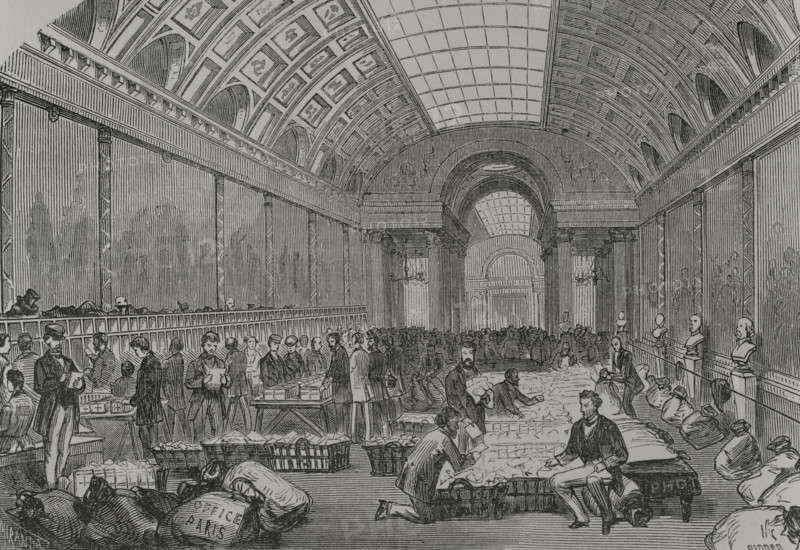 Franco-Prussian War (1870-1871): Central post office, installed in the Gallery of Battles of... 1871 Creators: Fernando Miranda, Manuel Ricord.