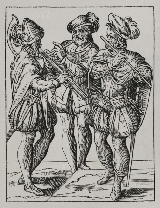German musicians playing on the flute and goat's horn, 16th century (1877). Creator: Jost Ammon.