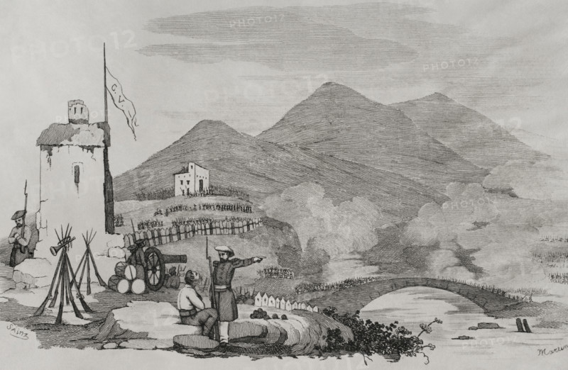 First Carlist War (1833-1840): Attack on Castrejana Bridge in 1835 (1845). Creators: Francisco Sainz, Martínez.