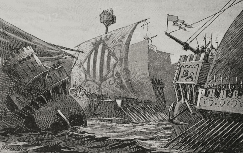 Naval combat between Catalans and Genoese, Middle Ages, 1890.  Creator: Joan Serra y Pausas.