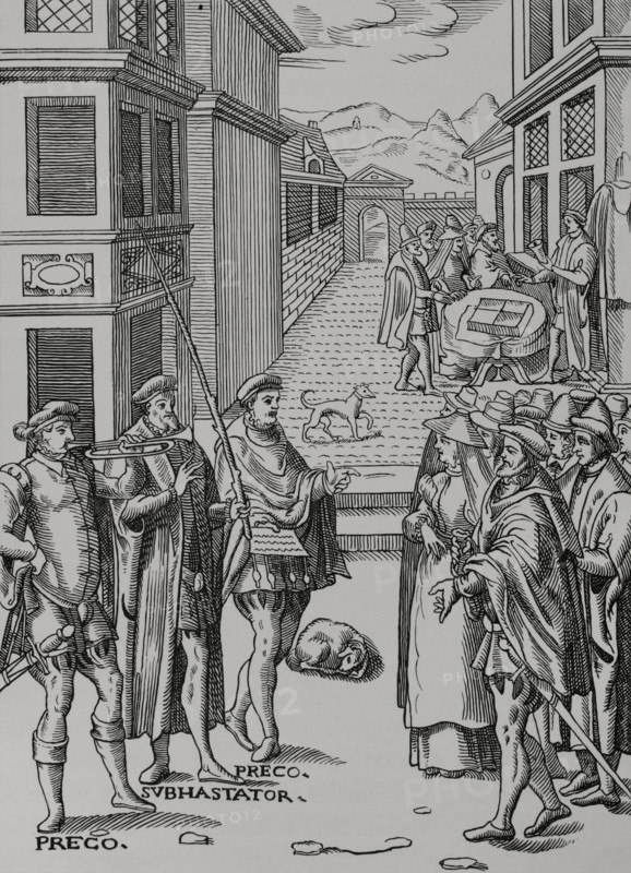 The town crier blowing his trumpet and the auctioneer, the public official in..., 1557, (1878).  Creator: Unknown.