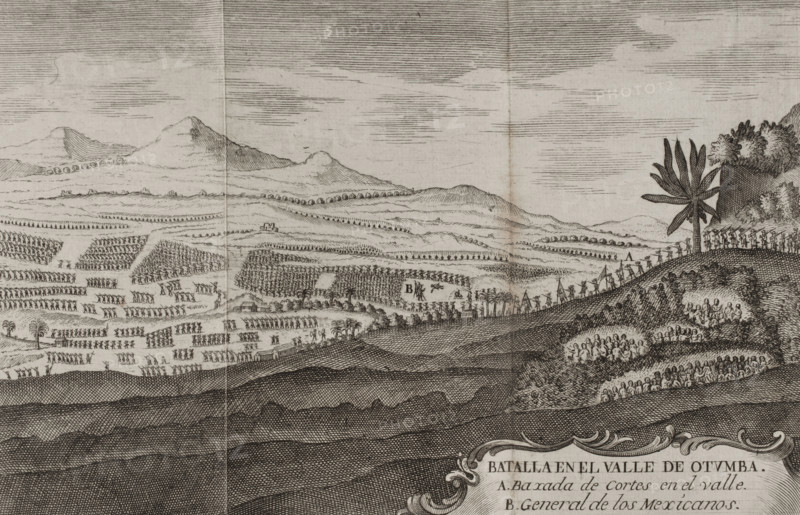 Battle of Otumba, (7th July 7, 1520): Cortés' forces descending into the valley where the... 1771.  Creator: Unknown.