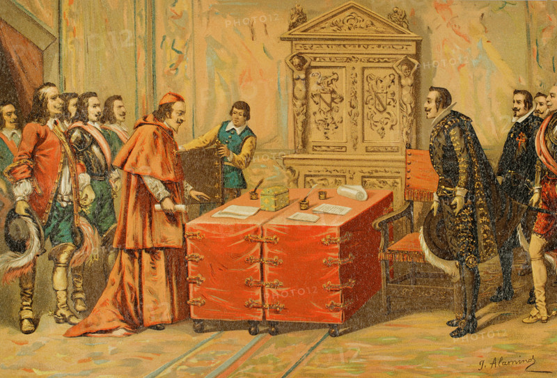 Conferences on Pheasant Island held between Luis Méndez de Haro...and Cardinal Mazarin...1890.  Creator: Juan Alaminos.