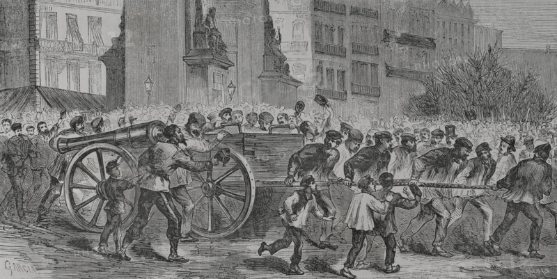 Paris Commune, France: The insurgents dragging the cannons to Montmartre, 1871. Creator: Manuel Ricord.