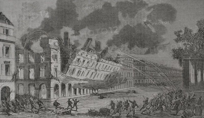 Paris Commune: Collapse of the Ministry of Finance building, Rue de Rivoli (Rivoli Street)...1871.  Creator: Tomás Carlos Capuz.
