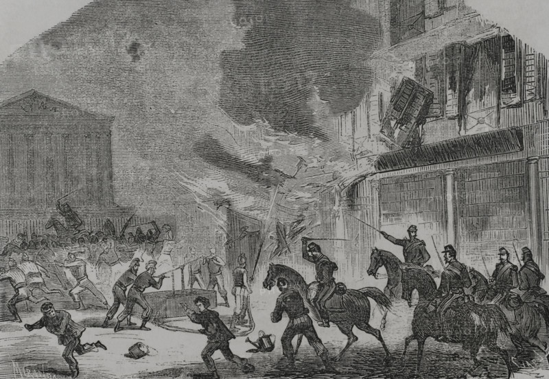 Paris Commune: Arsonist firefighters surprised by Versailles troops, 1871.  Creators: Tomás Carlos Capuz, Miranda.