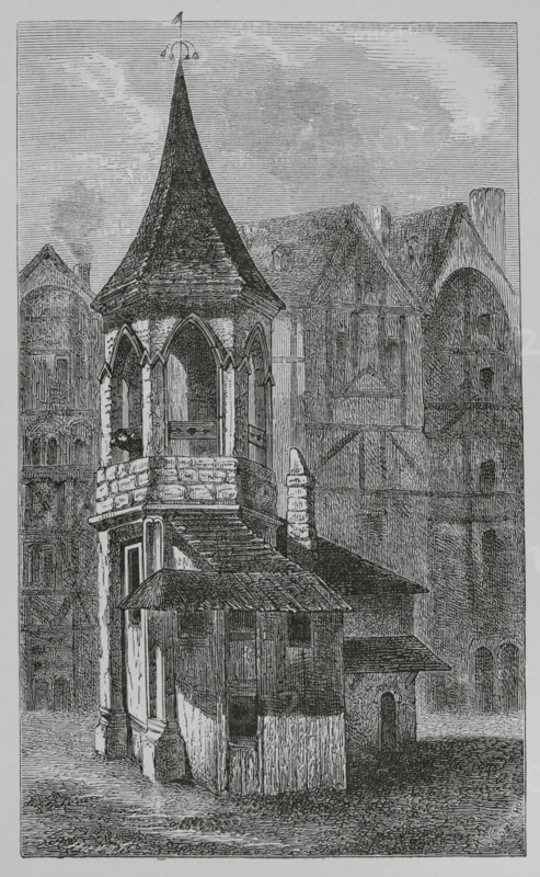 Pillory at Les Halles, Paris, France, 1670, (1878).  Creators: Jules Jean Marie Joseph Huyot, Anon.