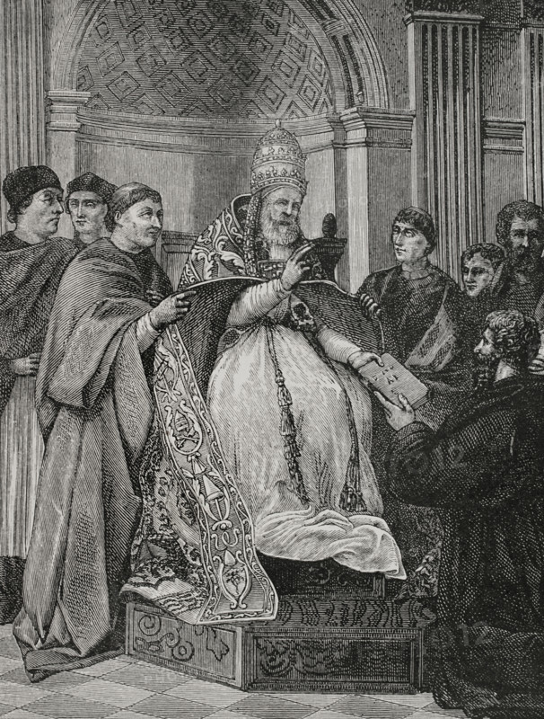 Pope Gregory IX, (1170-1241) receiving the Decretals compiled by Saint Raymond of Peñafort, 1877.  Creator: Jules Jean Marie Joseph Huyot.