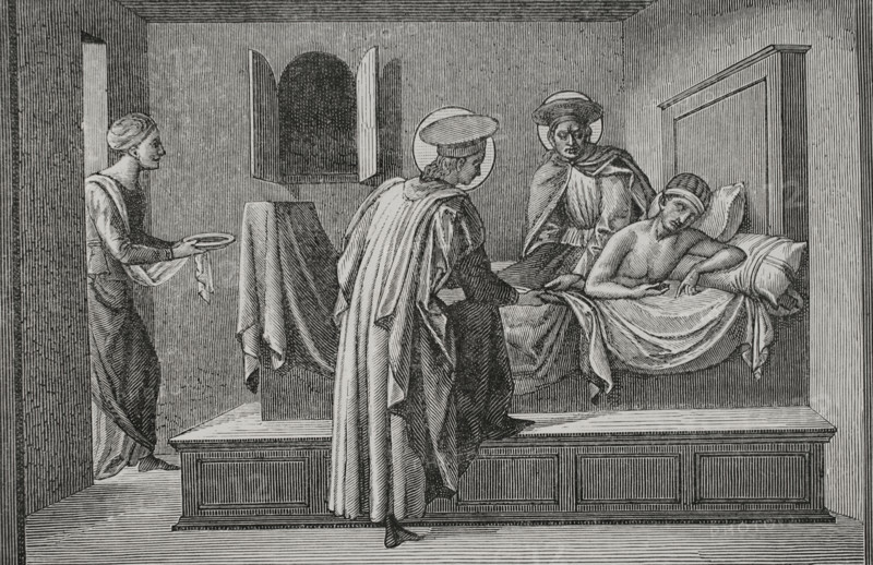 St Cosmas and St Damian visiting a sick person and administering aid, 1877.  Creator: Jules Jean Marie Joseph Huyot.