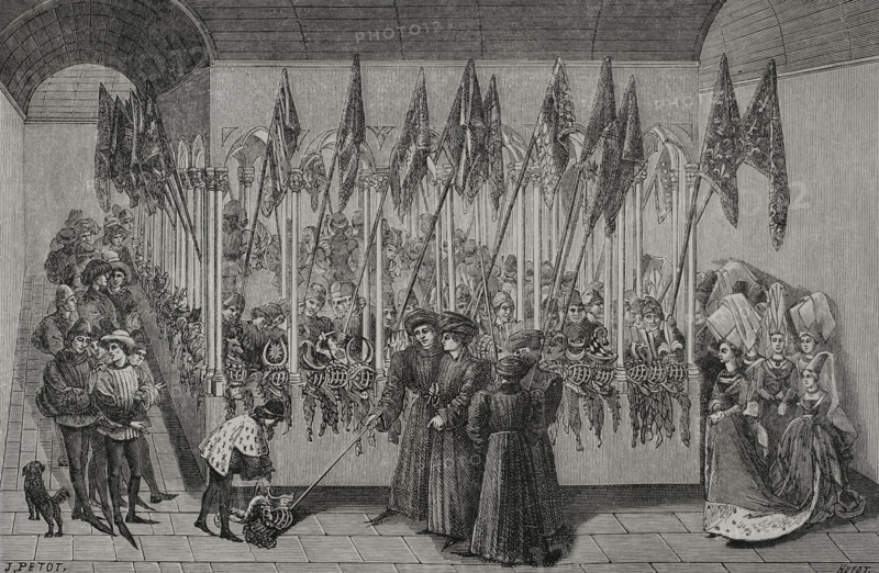 Review of helmets in the cloister, c1462-1465, (1877).  Creator: Jules Jean Marie Joseph Huyot.