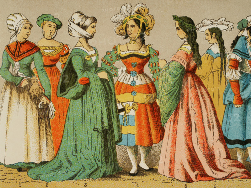 Women's dresses from different social classes, German, 1500-1550, (1881).  Creator: Unknown.