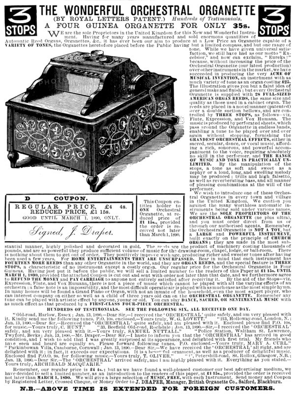 Advertisement for the Wonderful Orchestral Organette, 1890. Creator: Unknown.