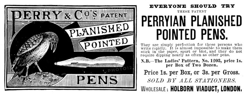 Advertisement for Perryian Planished Pointed Pens, 1890. Creator: Unknown.