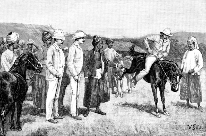 Sketches in Burmah: buying ponies at the Shan Camp, Mandalay, 1890. Creator: Unknown.