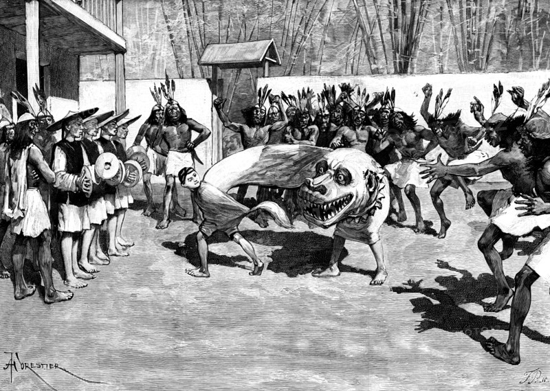 Sketches in the island of Formosa: quaint performance at a savage entertainment, 1890. Creator: F. P..